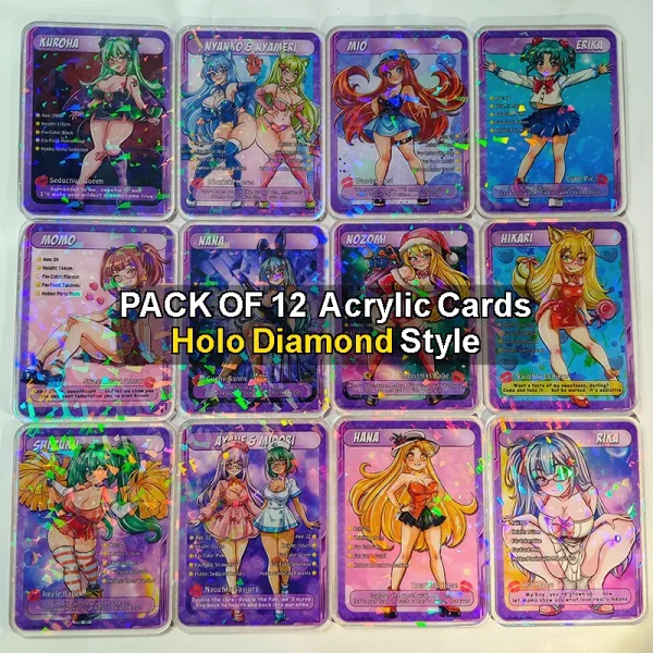 Anime Waifu Acrylic Card Set Pack of 12 by Kawaii Waifus (Holo Diamond Style)