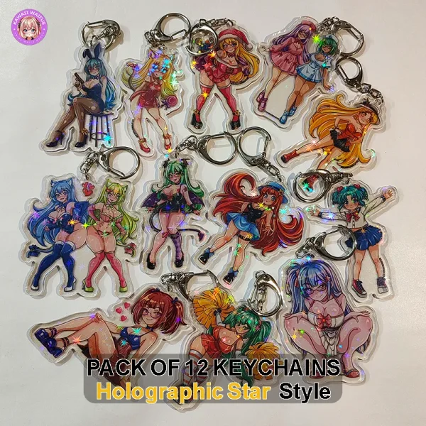 Anime Waifu Keychain Set Pack of 12 by Kawaii Waifus (Holographic Star Style)